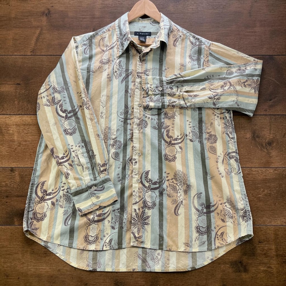 Vintage Y2K J. Ferrar Mens XL Paisley Stripe Button Down Shirt Sage Green Tan